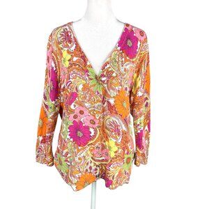 Talbots L Bright Floral Paisley V-Neck Button Up Cardigan Cotton Blend Retro